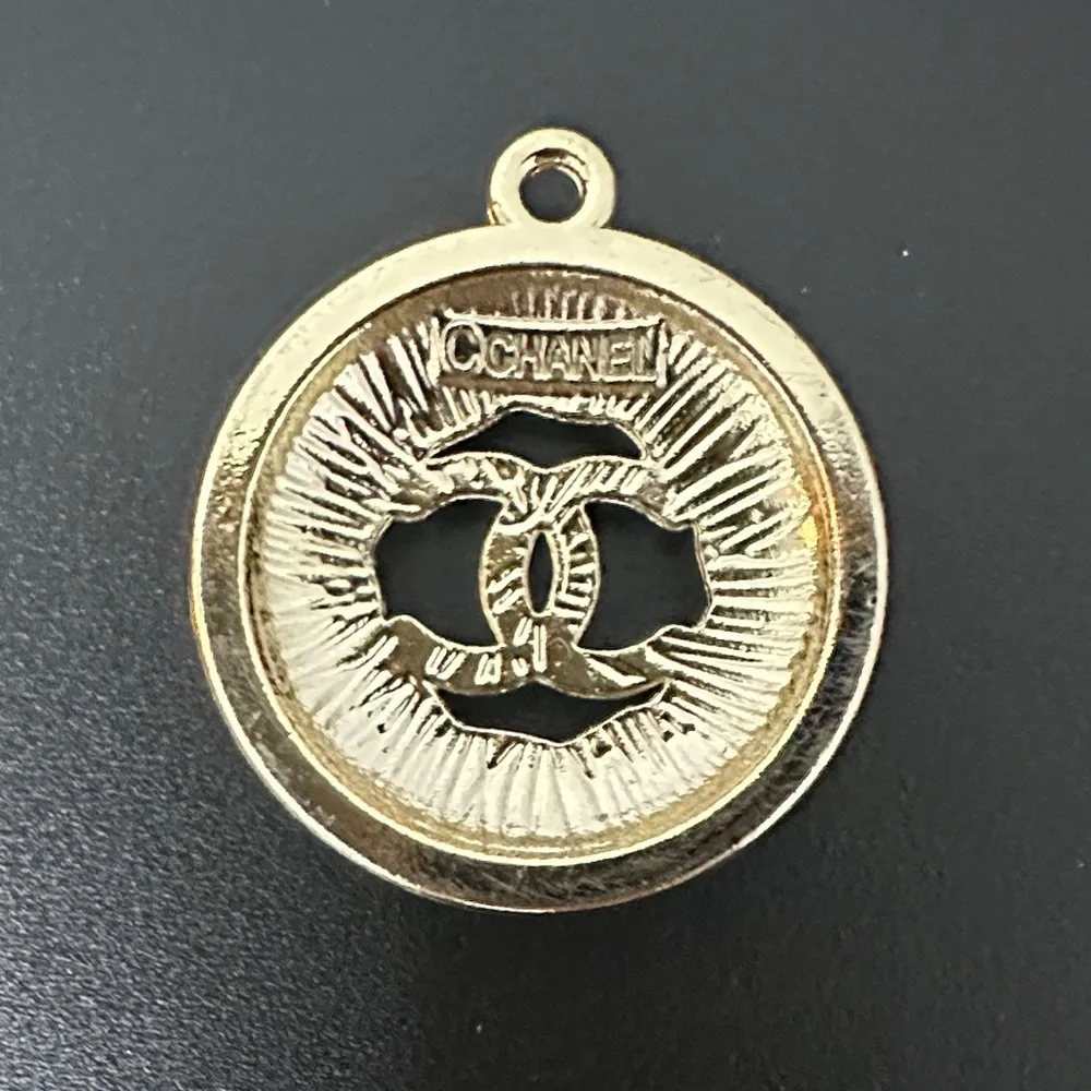 CHANEL UpCycled Gold Charm w Crystals. Stamped on Back. W Box - Picture 5 of 6